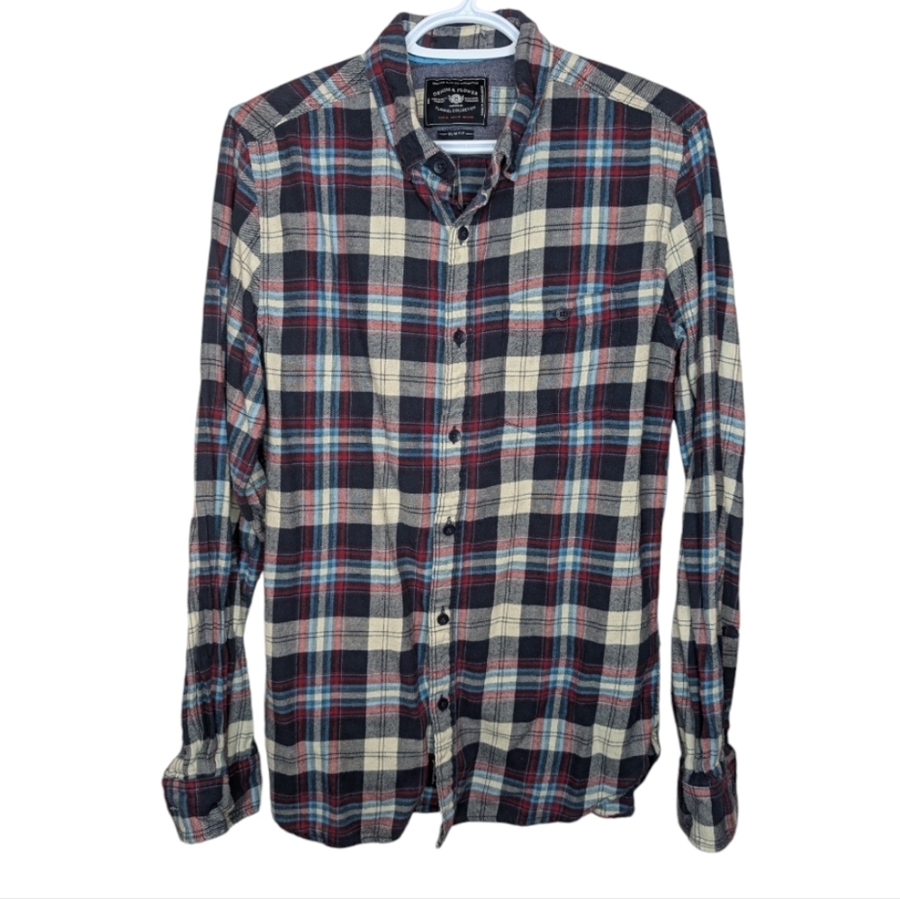 Denim & Flower Flannel Collection Plaid Button Down Blue Red White Mens Slim M